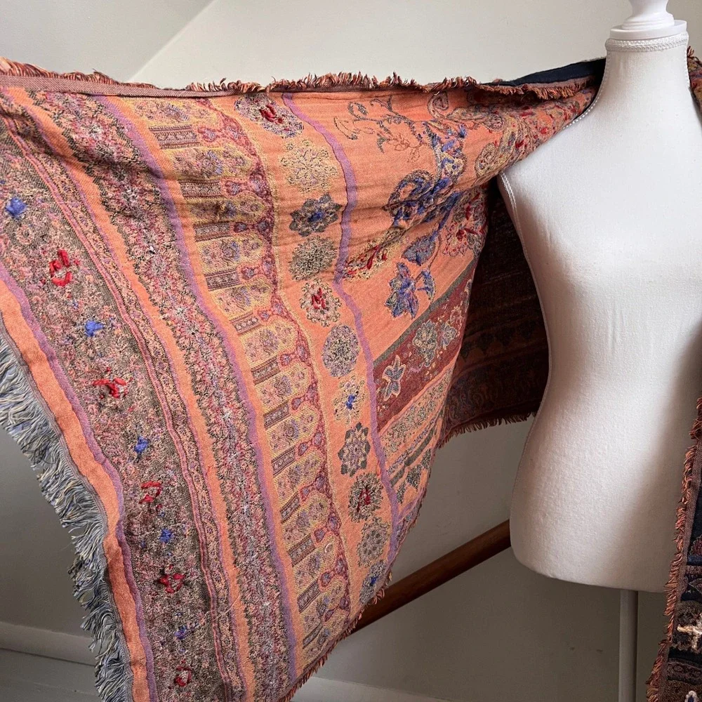 Vintage Boho Floral Tapestry Scarf Shawl Dark Artsy Forest Folk Chunky Wrap